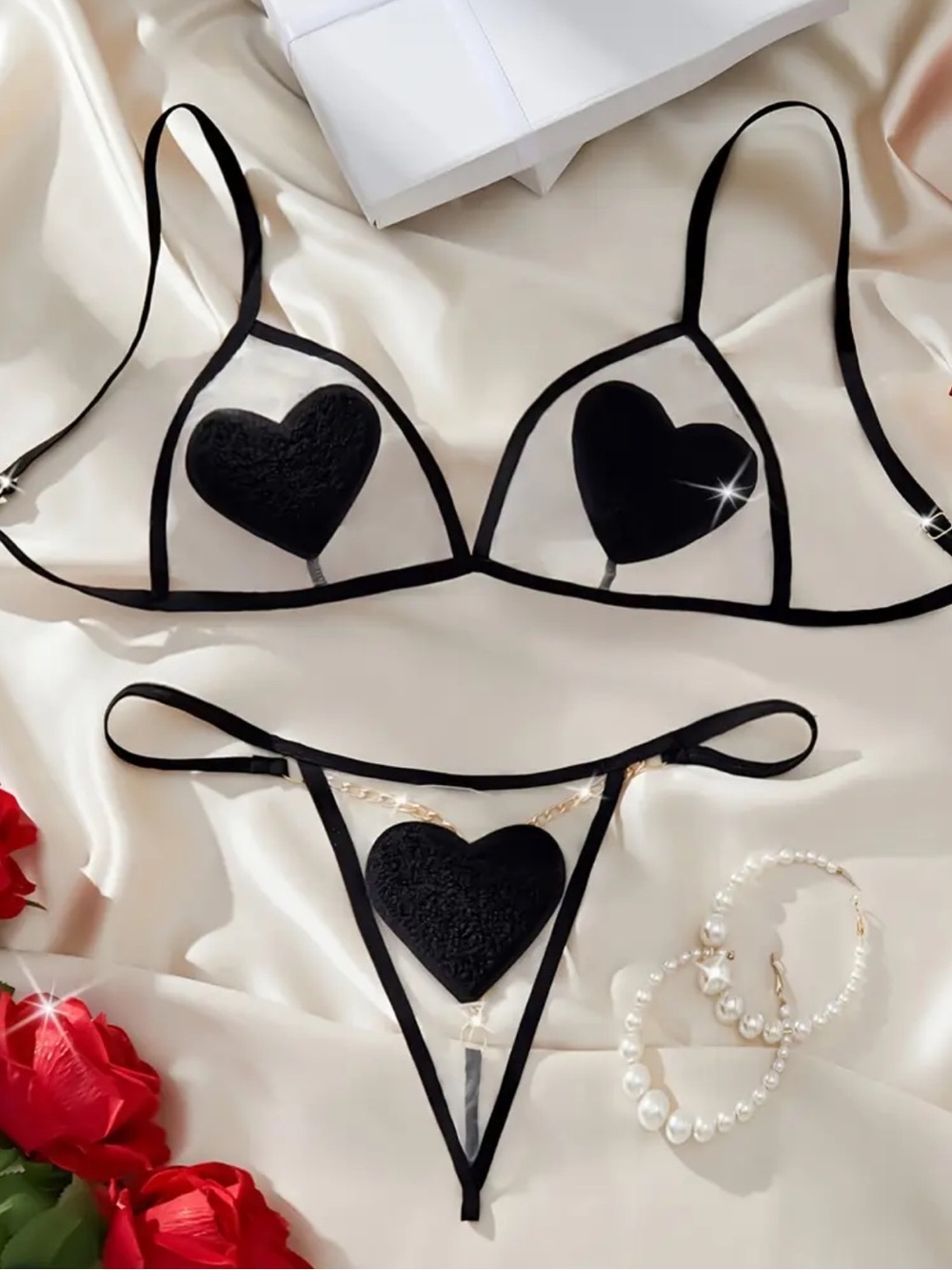 Black & Sheer, Embroidered Heart & Chain, Lingerie Set